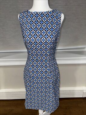 AB Studio Blue White Geometric Sheath Dress